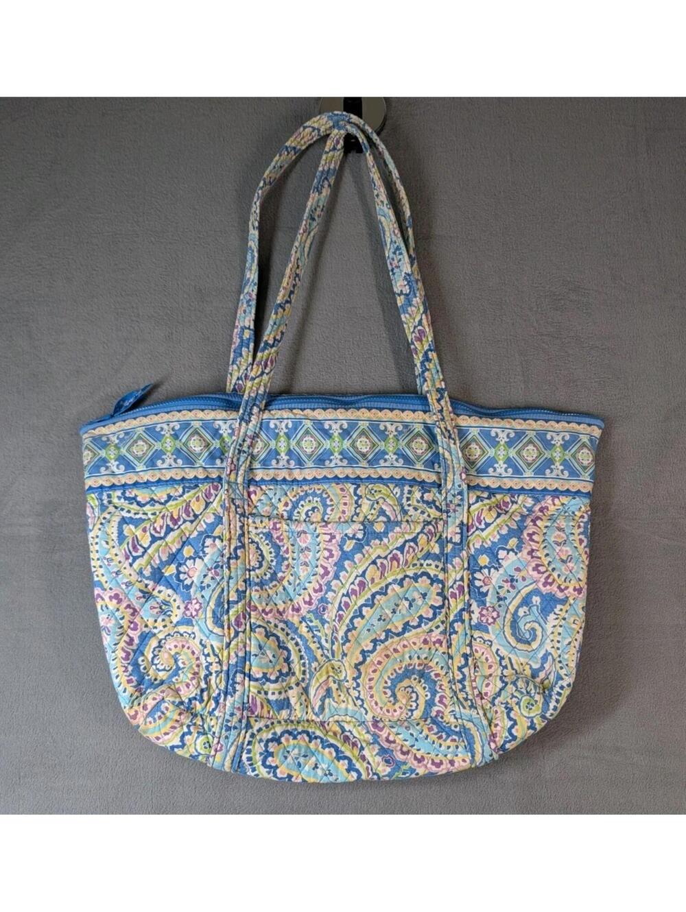 Vera Bradley Blue Paisley Quilted Tote Bag Shoulder Purse Travel Floral Zip